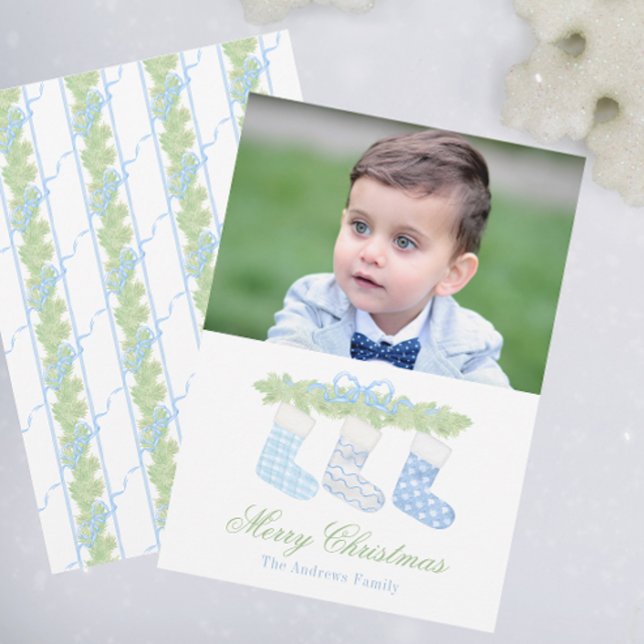 Watercolor Blue & White Christmas Stockings Photo Holiday Card (Creator Uploaded)