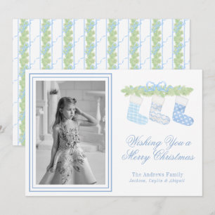 Watercolor Blue & White Christmas Stockings Photo Holiday Card