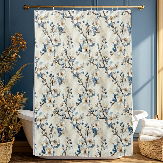 Watercolor Blue White Floral Pattern Shower Curtain (Creator Uploaded)