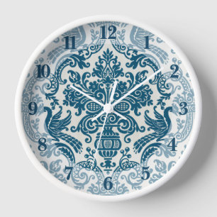 Watercolor Blue & White Floral Vintage Pattern Clock