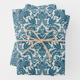 Watercolor Blue & White Floral Vintage Pattern Wrapping Paper Sheet