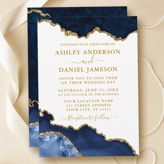Watercolor Blue White Gold Marble Geode Wedding Invitation (Customize to change text size, text color or style.)