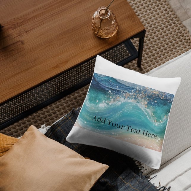 Watercolor Blue White Ocean Wave Custom Photo Name Cushion (Creator Uploaded)