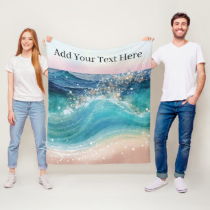 Watercolor Blue White Ocean Wave Custom Photo Name Fleece Blanket