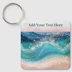 Watercolor Blue White Ocean Wave Custom Photo Name Key Ring