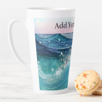 Watercolor Blue White Ocean Wave Custom Photo Name Latte Mug