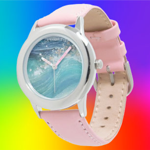Watercolor Blue White Ocean Wave Custom Photo Name Watch