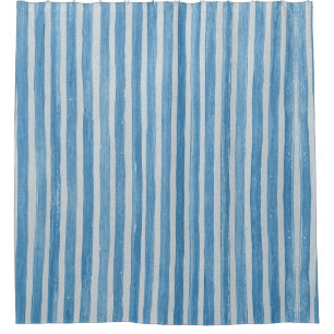 Watercolor Blue White Painted Striped Beach Decor Shower Curtain