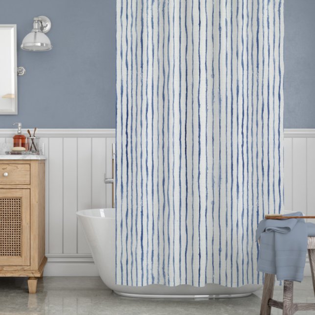 Watercolor Blue White Painted Striped Beach Decor  Shower Curtain (Creator Uploaded)