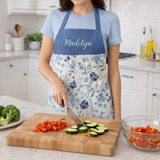 Watercolor Blue Wildflower Custom Name Apron (Creator Uploaded)