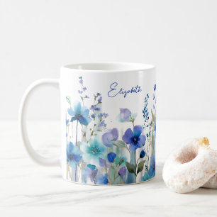 Watercolor Blue Wildflower Floral Custom Name  Coffee Mug