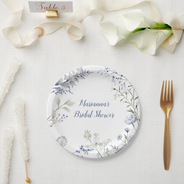 Watercolor Blue Wildflower Frame Bridal Shower Paper Plate (Wedding)