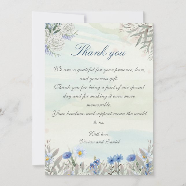 Watercolor Blue Wildflower Wedding Thank You Card (Front)