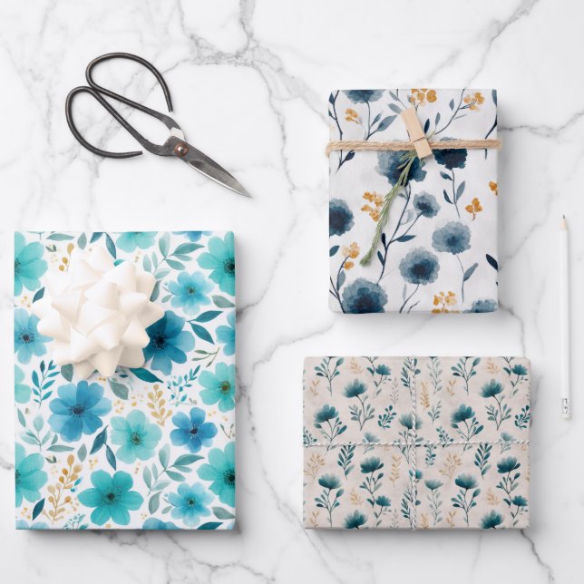 Watercolor Blue Wildflowers Aesthetic Floral  Wrapping Paper Sheet (Front)