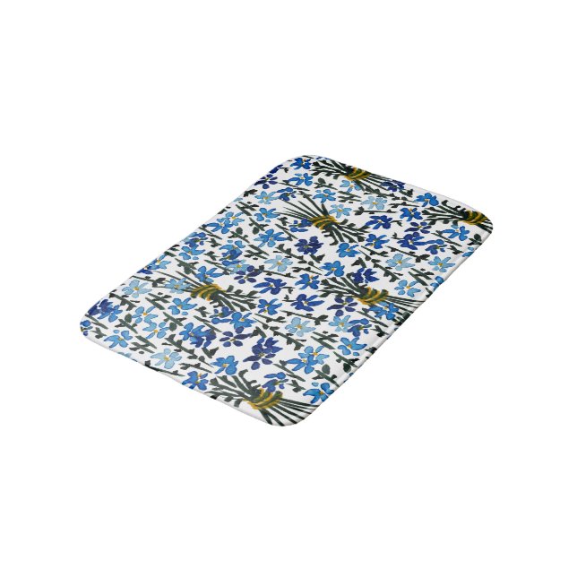 Watercolor Blue Wildflowers Bohemian Chic Bath Mat (Angled)