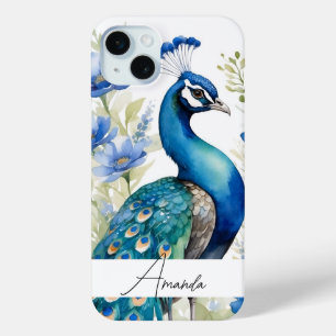 Watercolor Blue Wildflowers Peacock Custom Text iPhone 15 Mini Case