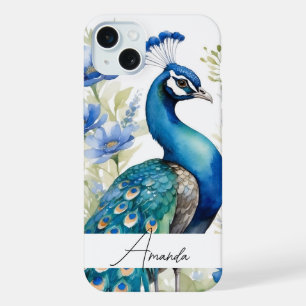 Watercolor Blue Wildflowers Peacock Custom Text iPhone 15 Plus Case