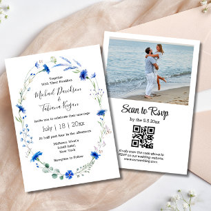 watercolor blue wildflowers wedding photo qr code invitation