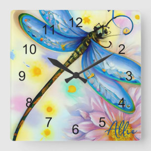 Watercolor Blue Wing Dragonfly, Personalize Square Wall Clock
