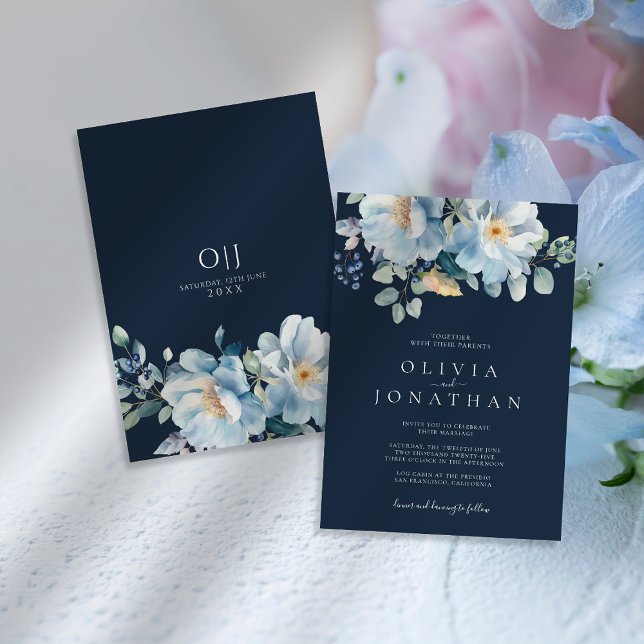 Watercolor Blue Winter Floral Wedding Invitation (Creator Uploaded)