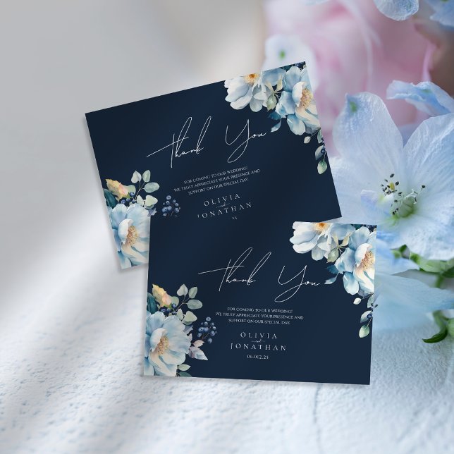 Watercolor Blue Winter Floral Wedding Thank You Card (Creator Uploaded)