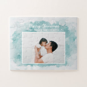 Watercolor blue winter holiday Christmas photo Jigsaw Puzzle