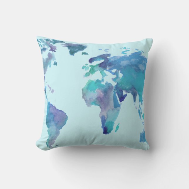 Watercolor Blue World Map Cushion (Front)