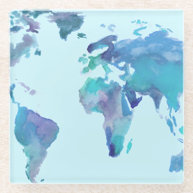 Watercolor Blue World Map Glass Coaster (Front)