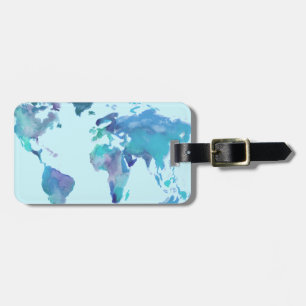 Watercolor Blue World Map Luggage Tag