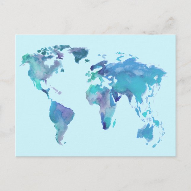 Watercolor Blue World Map Postcard (Front)