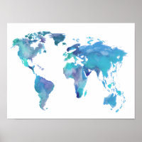 Watercolor Blue World Map
