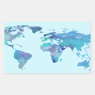 Watercolor Blue World Map Rectangular Sticker