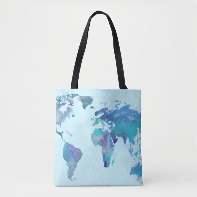 Watercolor Blue World Map Tote Bag (Front)