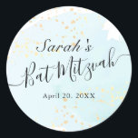 Watercolor Blue x Gold Bat Mitzvah Classic Round Sticker<br><div class="desc">This chic and elegant bat mitzvah sticker features a white background with turquoise blue brush strokes in watercolor and faux gold splatters. Personalise it for your needs. You can find more matching products at my store.</div>