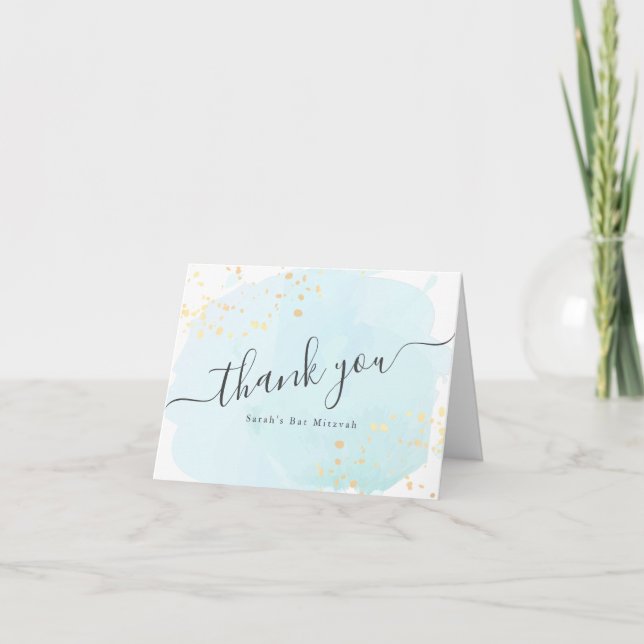 Watercolor Blue x Gold Bat Mitzvah Thank You (Front)