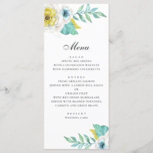 Watercolor blue yellow and mint floral wedding menu