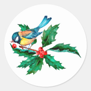 Watercolor Blue Yellow Bird on Holly Berry Branch Classic Round Sticker