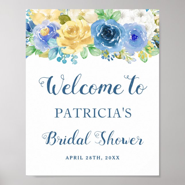 Watercolor Blue Yellow Floral Bridal Shower Sign (Front)
