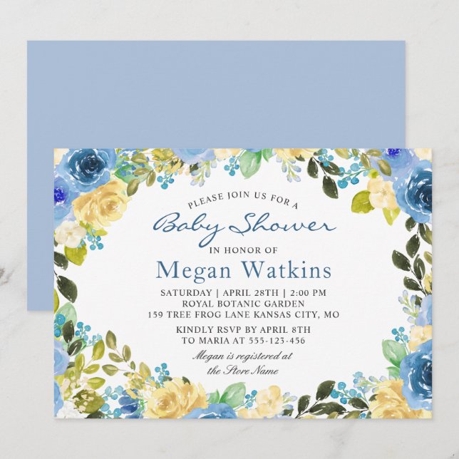 Watercolor Blue Yellow Flowers Baby Shower Invitation (Front/Back)