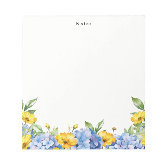 Watercolor Blue Yellow Hydrangeas Personalised Notepad (Front)