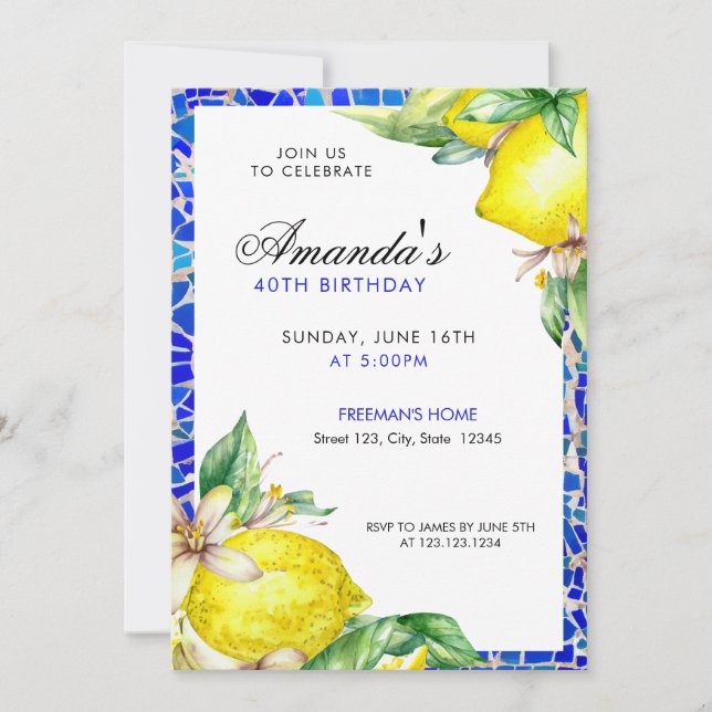 Watercolor Blue & Yellow Lemon Mediterranean Tiles Invitation (Front)