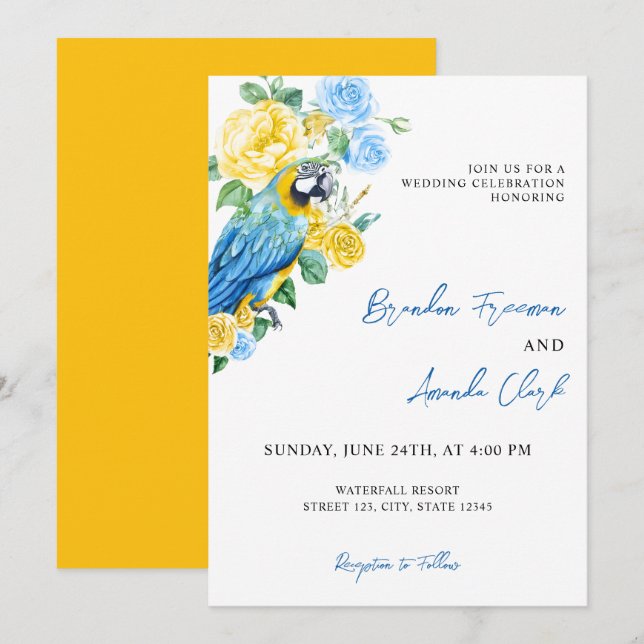 Watercolor Blue & Yellow Parrot Floral Wedding Invitation (Front/Back)