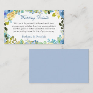 Watercolor Blue Yellow Rose Garden Wedding Details Enclosure Card