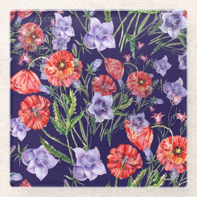 Watercolor Bluebell Poppy Array Glass Coaster (Front)