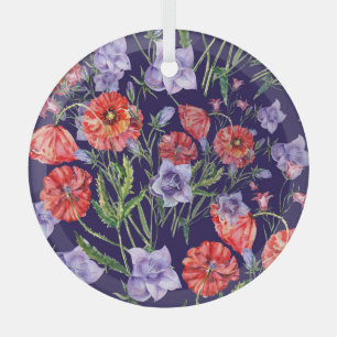 Watercolor Bluebell Poppy Array Glass Tree Decoration