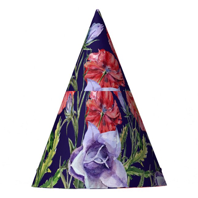 Watercolor Bluebell Poppy Array Party Hat (Front)