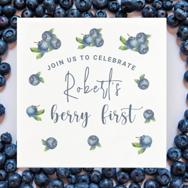 Watercolor blueberries 1st birthday party napkin (Creator Uploaded)