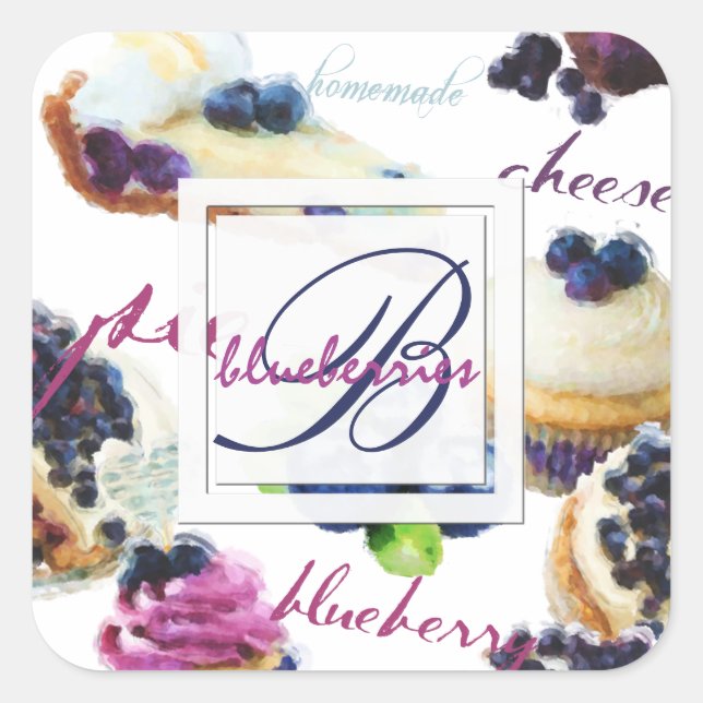 Watercolor Blueberries and Sweets Monogram Square Sticker (Front)