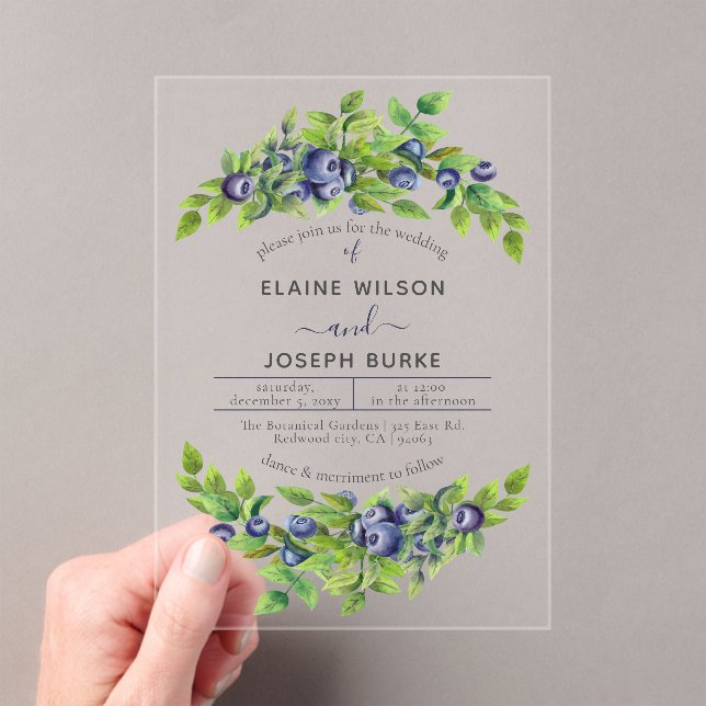 watercolor blueberries blue botanical wedding acrylic invitations (Insitu (Handheld))