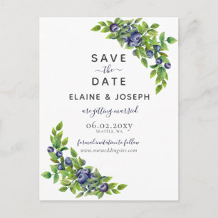 watercolor blueberries blue botanical wedding announcement postcard